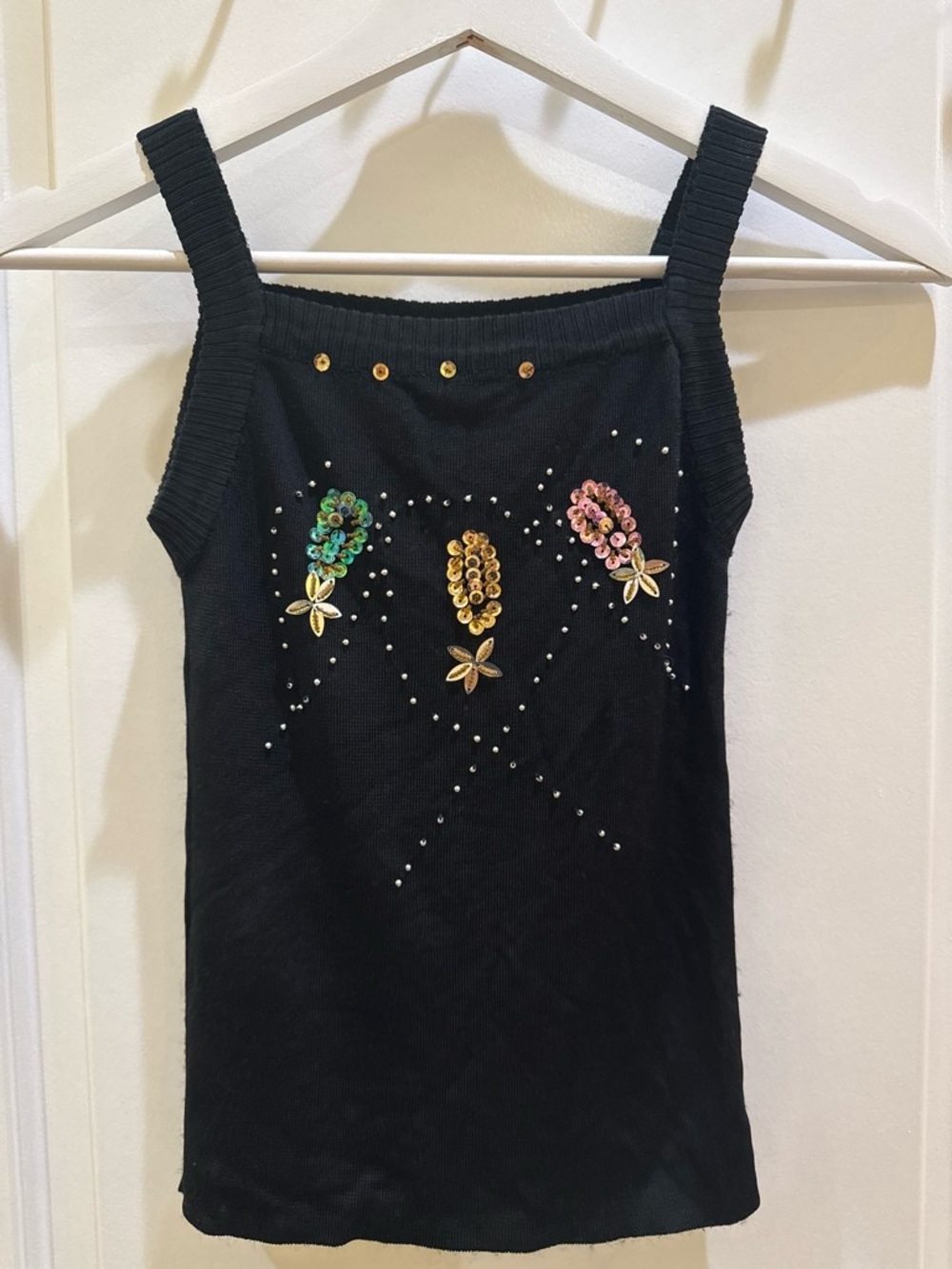 Black Embellished Floral Knit Tank Top